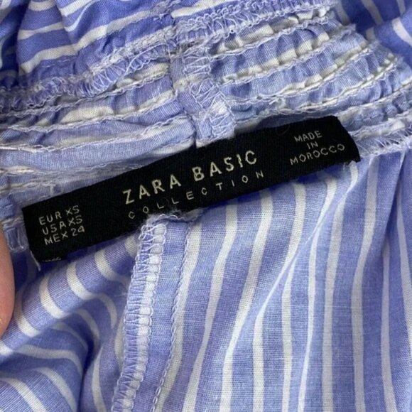 Zara Crop Top XS Off Shoulder Striped Ruffle Back Tie Summer Blue White Cinched - Picture 10 of 10